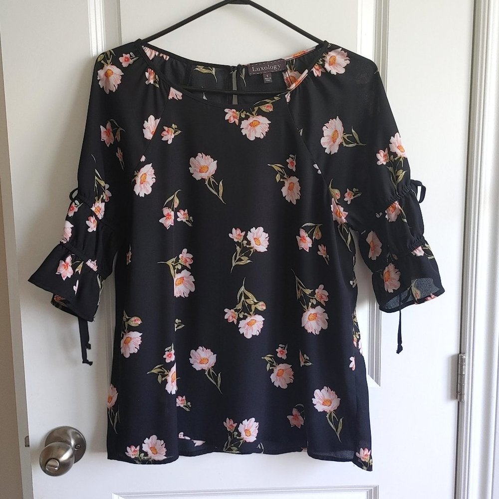 Luxology Black Semi-Sheer Blouse with Floral Pattern